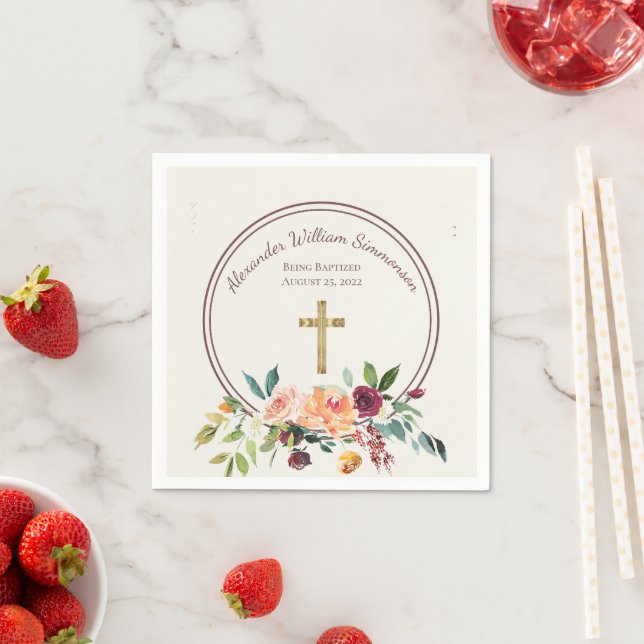 Elegant Gold Burgundy Floral Baby Christening Napkin (Insitu)