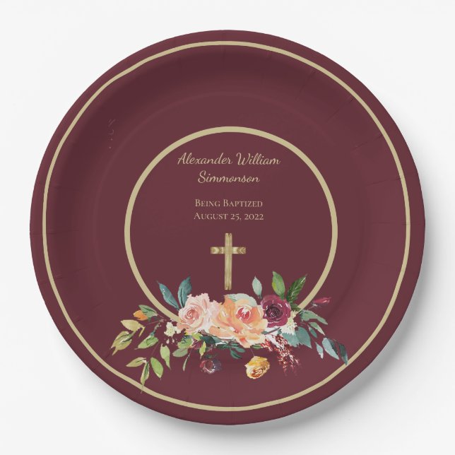 Elegant Gold Burgundy Floral Baby Christening Paper Plate (Front)