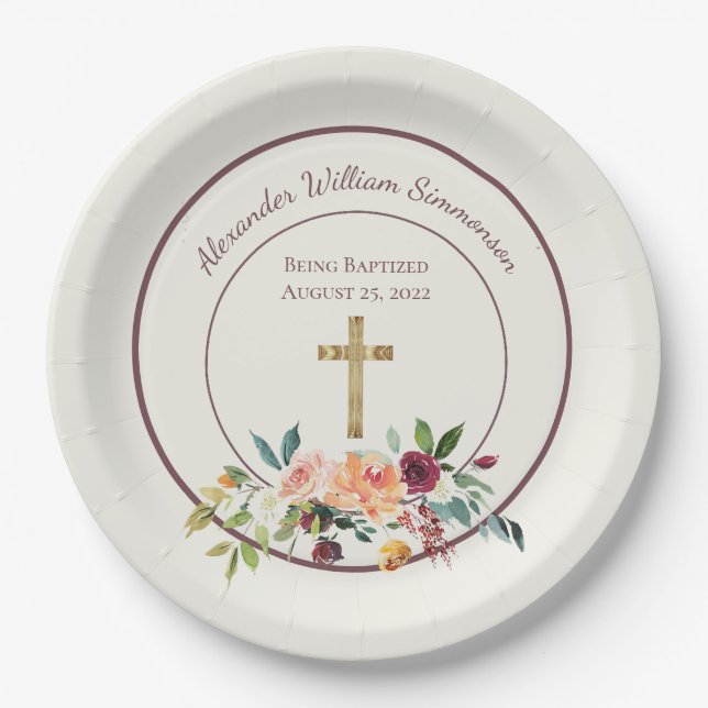 Elegant Gold Burgundy Floral Baby Christening Paper Plate (Front)