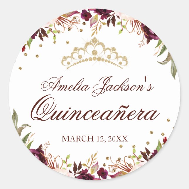 Elegant Gold Burgundy Floral Quinceanera Sticker (Front)