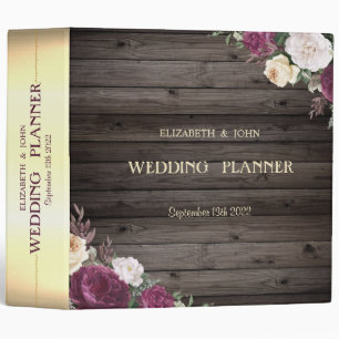 Elegant Gold, Burgundy Flowers Wood Wedding Binder