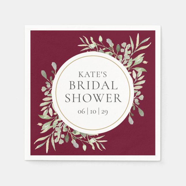 Elegant Gold Burgundy Greenery Bridal Shower Napkin (Front)