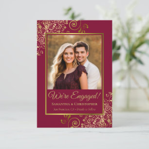 Elegant Gold & Burgundy or Maroon Photo Engagement Announcement