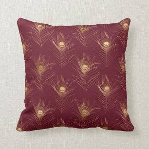 Elegant Gold Burgundy Peacock Print Stylish Pretty Throw Pillow