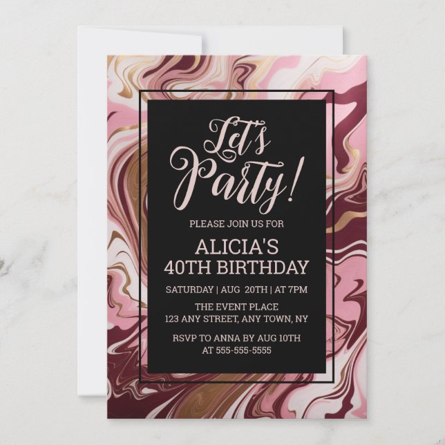 Elegant Gold Burgundy Pink Marble Fluid Birthday Invitation (Front)