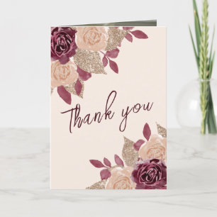 Elegant Gold Burgundy Pink Roses Wedding Photo Thank You Card