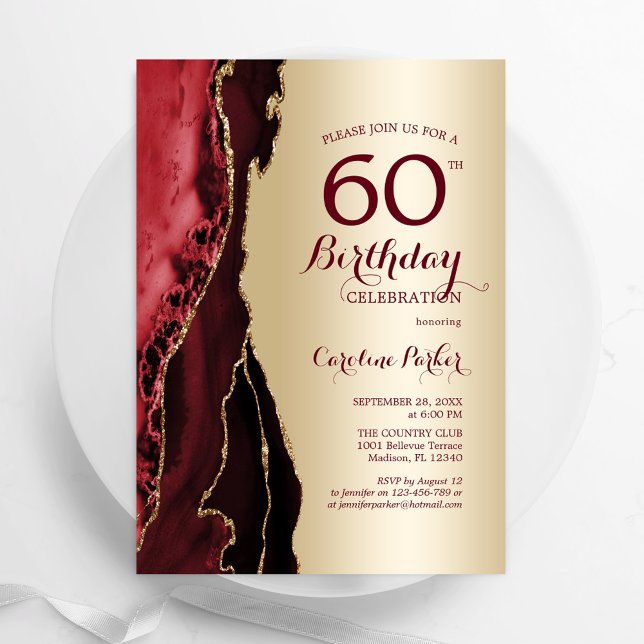 Elegant Gold Burgundy Red Agate 60th Birthday Invitation (Creator Uploaded)