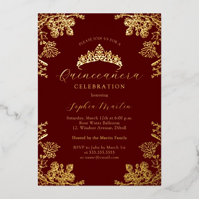 Elegant Gold Burgundy Vintage Quinceanera  (Front)