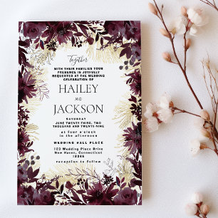 Elegant gold burgundy watercolor floral wedding invitation