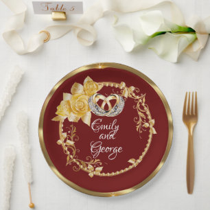 Elegant Gold Burgundy Wedding Personalised  Paper Plate