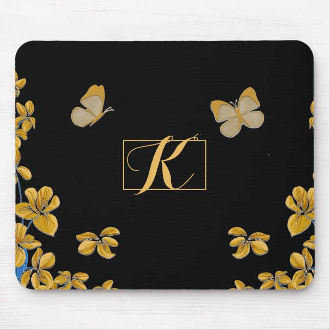 Elegant Gold Butterflies & Flowers Monogram Mouse Pad (Front)
