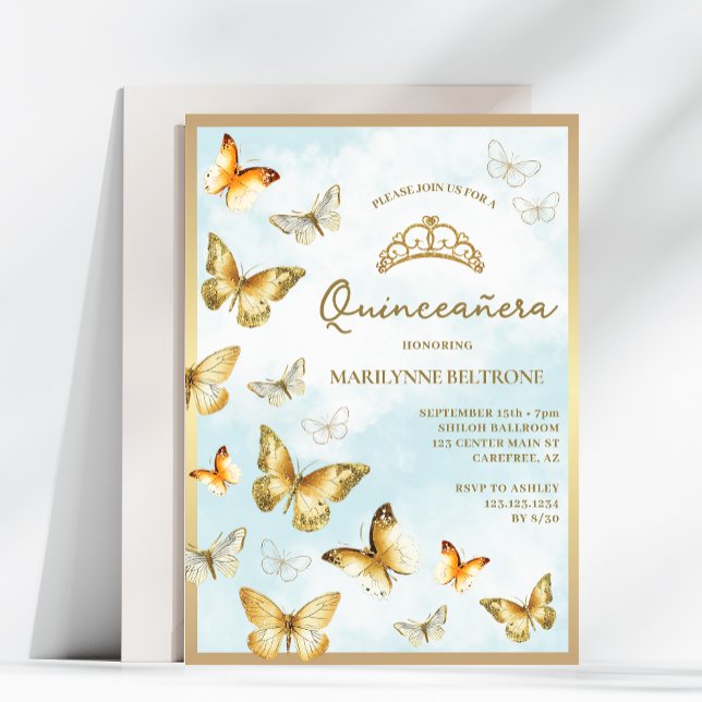 Elegant Gold Butterfly Blue Quinceañera Invitation (Creator Uploaded)