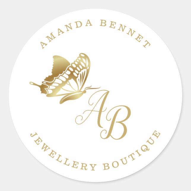Elegant gold butterfly, monogramed classic round sticker (Front)