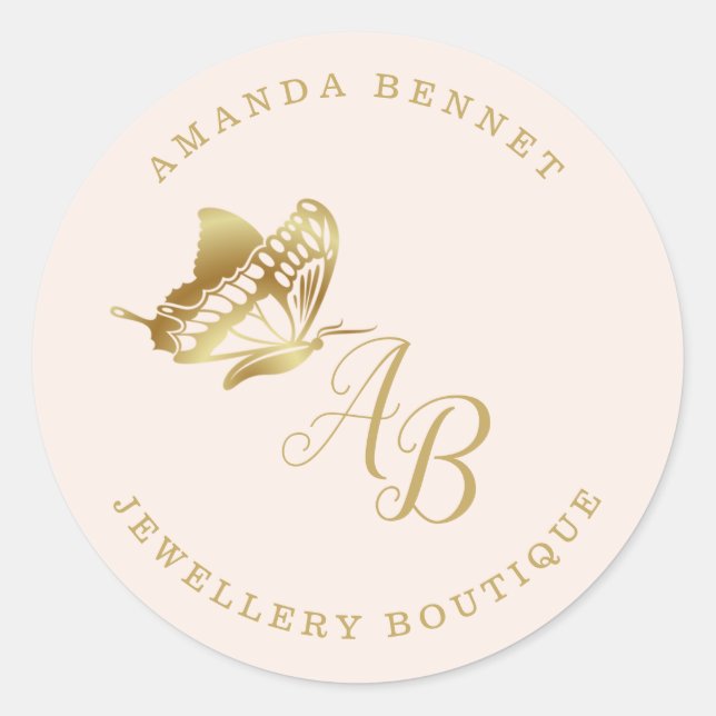 Elegant gold butterfly on beige, monogramed classic round sticker (Front)