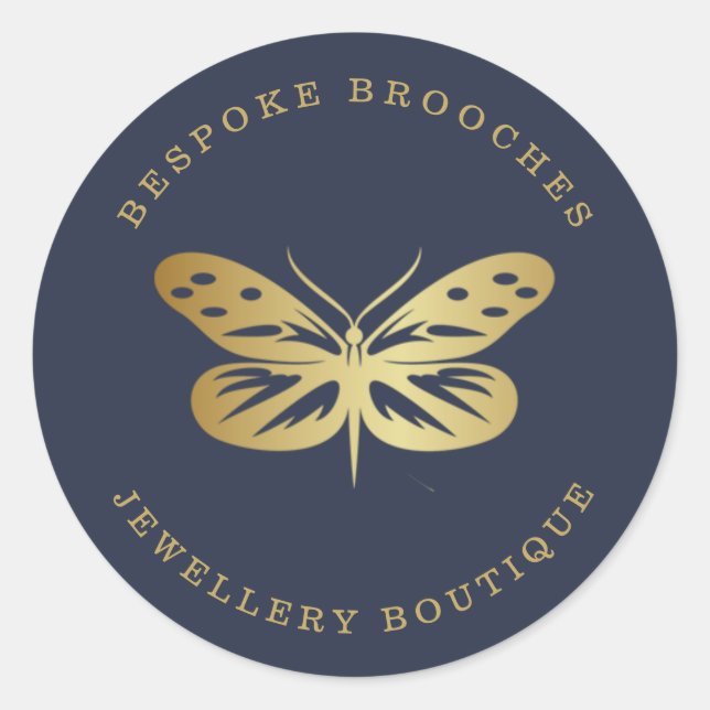 Elegant gold butterfly on dark blue classic round sticker (Front)
