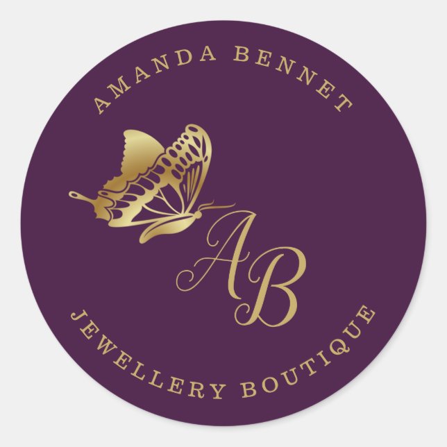 Elegant gold butterfly on purple, monogramed classic round sticker (Front)