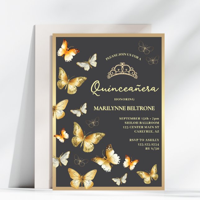 Elegant Gold Butterfly Tiara Quinceañera Invitation (Creator Uploaded)