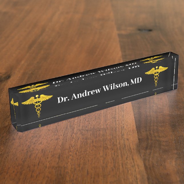 Elegant Gold Caduceus Medical Doctor Nameplate (Side)