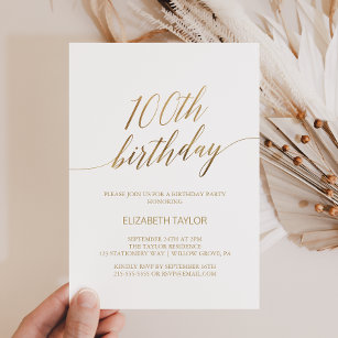 Elegant Gold Calligraphy 100th Birthday Invitation