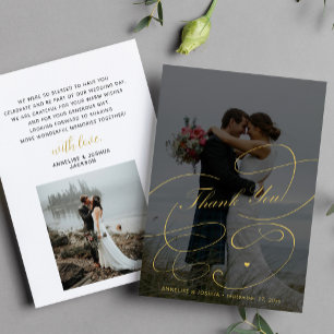 Elegant gold calligraphy 2 photos chic wedding thank you card