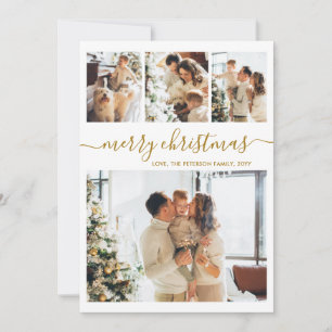 Elegant Gold Calligraphy 4 Photo Collage Christmas Holiday Card