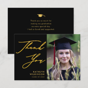 Elegant Gold Calligraphy Black Simple Graduation Thank You Card