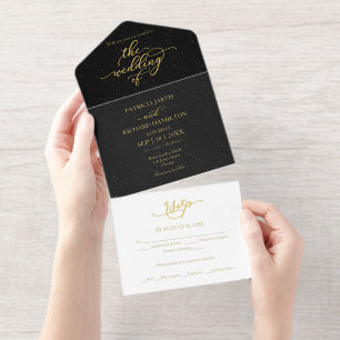 Elegant Gold Calligraphy Black Wedding All In One Invitation