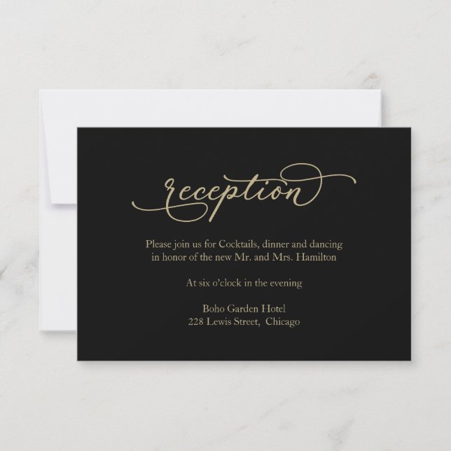 Elegant Gold Calligraphy Black Wedding Reception RSVP Card (Front)