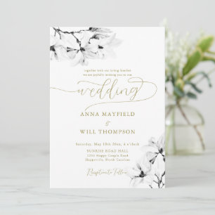 Elegant Gold Calligraphy Classic Magnolia Wedding Invitation