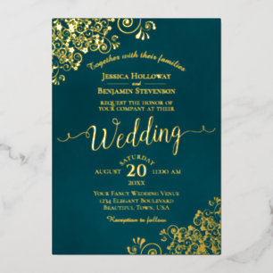 Elegant Gold Calligraphy Dark Teal Frilly Wedding