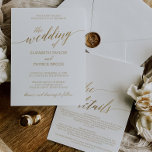Elegant Gold Calligraphy | Details on Back Wedding Invitation<br><div class="desc">This elegant gold calligraphy with details on back wedding invitation card is perfect for a simple wedding. The faux gold foil design features a minimalist card decorated with romantic and whimsical typography. Save paper by including the wedding details on the back of the wedding invitation instead of on a separate...</div>
