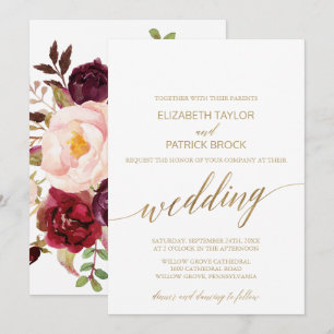 Elegant Gold Calligraphy Floral Backing Wedding Invitation