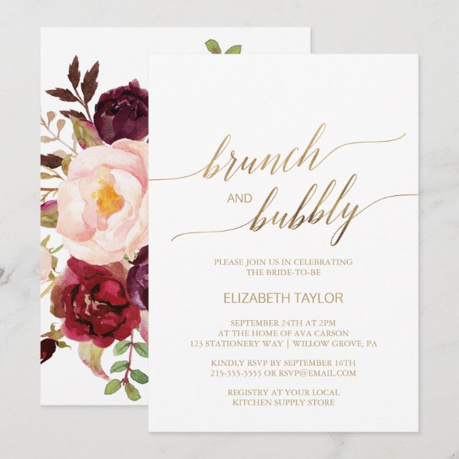 Elegant Gold Calligraphy | Floral Brunch & Bubbly Invitation (Front/Back)