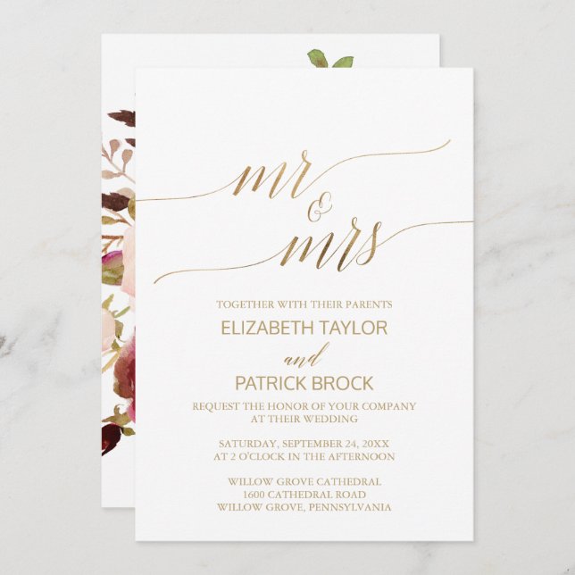 Elegant Gold Calligraphy Floral Mr & Mrs Wedding Invitation (Front/Back)