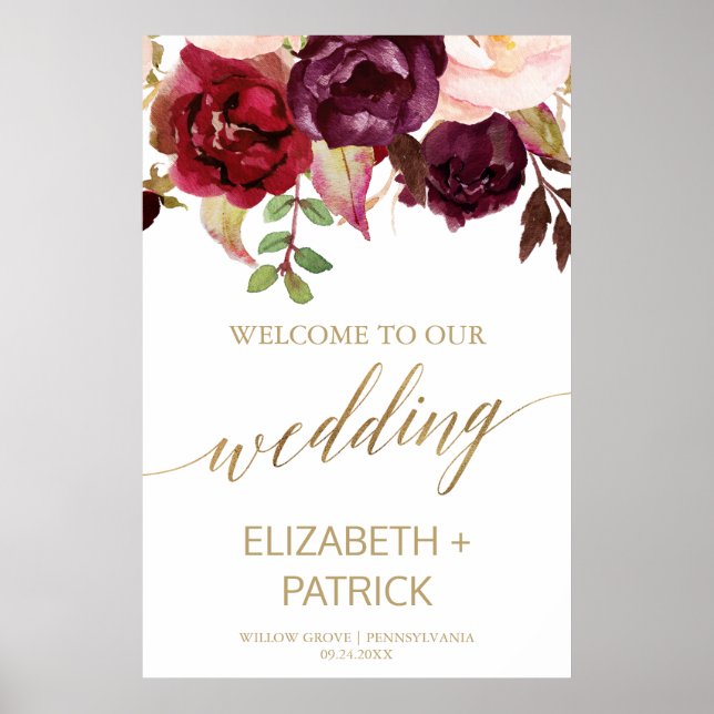 Elegant Gold Calligraphy Floral Wedding Welcome Poster (Front)