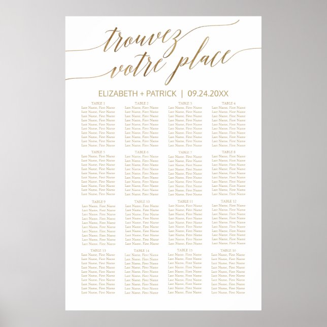 Elegant Gold Calligraphy French Seating Chart (Front)