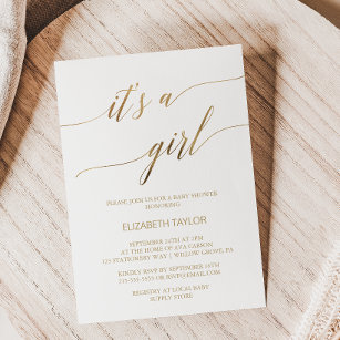 Elegant Gold Calligraphy It's A Girl Baby Shower Invitation