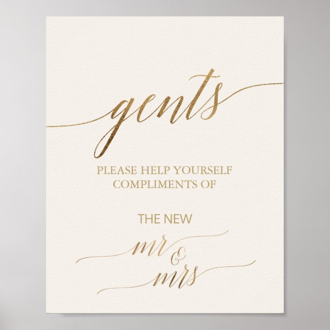 Elegant Gold Calligraphy Ivory Gents Bathroom Sign (Front)