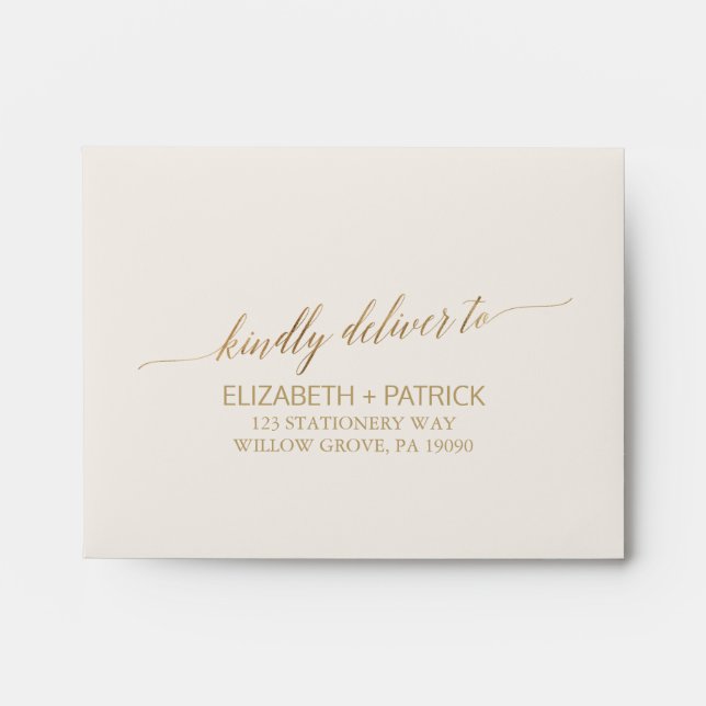 Elegant Gold Calligraphy Ivory Self Addressed RSVP Envelope (Front)
