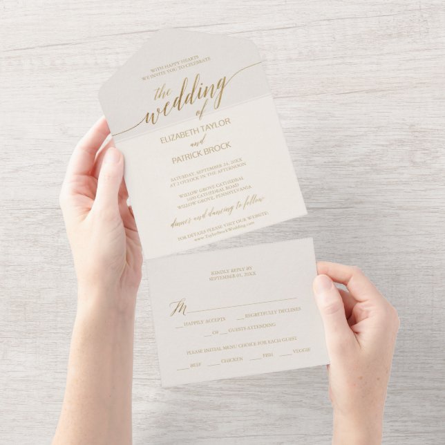 Elegant Gold Calligraphy Ivory Wedding All In One Invitation (Tearaway)