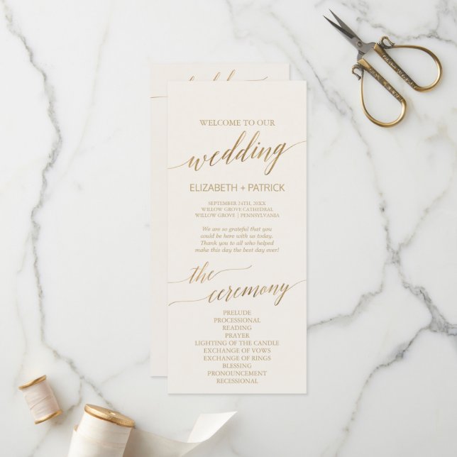 Elegant Gold Calligraphy | Ivory Wedding Program (Front/Back In Situ)