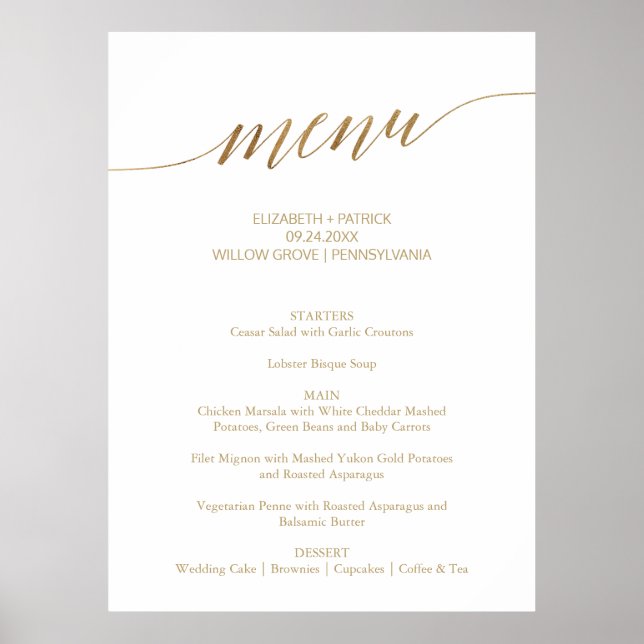 Elegant Gold Calligraphy Large Wedding Menu Sign (Front)