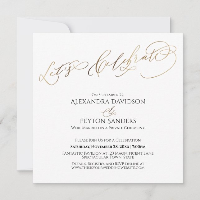 Elegant Gold Calligraphy Let's Celebrate Reception Invitation (Front)