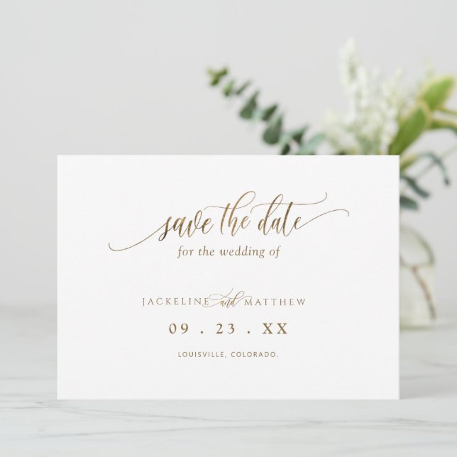 Elegant Gold Calligraphy, Minimalist Wedding Save The Date (Standing Front)