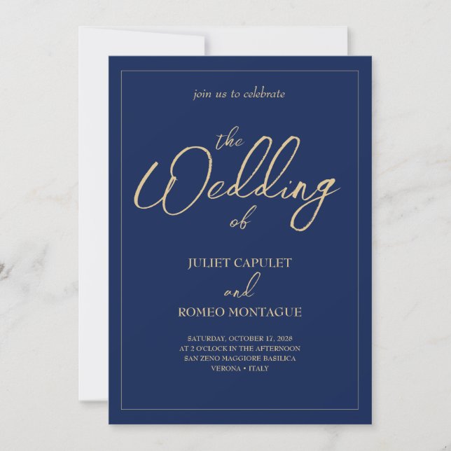 Elegant gold calligraphy & Navy All In One wedding Invitation (Front)