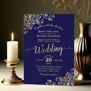 Elegant Gold Calligraphy Navy Blue Frilly Wedding