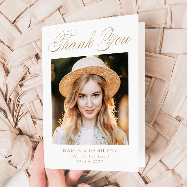 Elegant Gold Calligraphy Photo Graduation Thank You Card (Creator Uploaded)