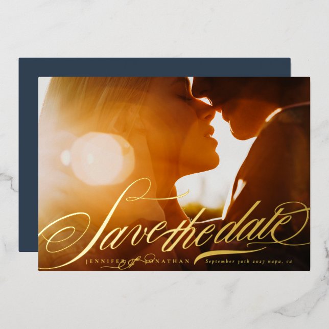 Elegant Gold Calligraphy Photo Save The Date (Front/Back)
