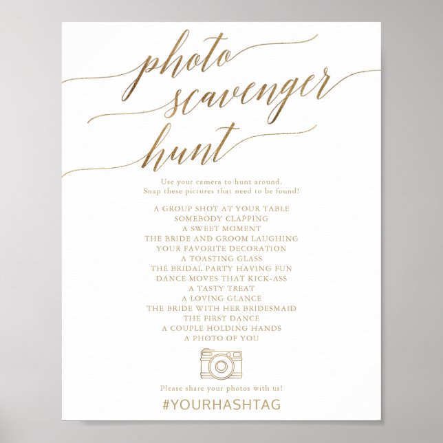 Elegant Gold Calligraphy Photo Scavenger Hunt Sign (Front)