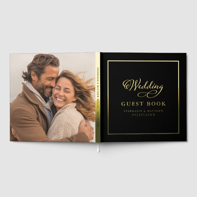 Elegant Gold Calligraphy Photo Wedding Chic Black  Guest Book (Full)